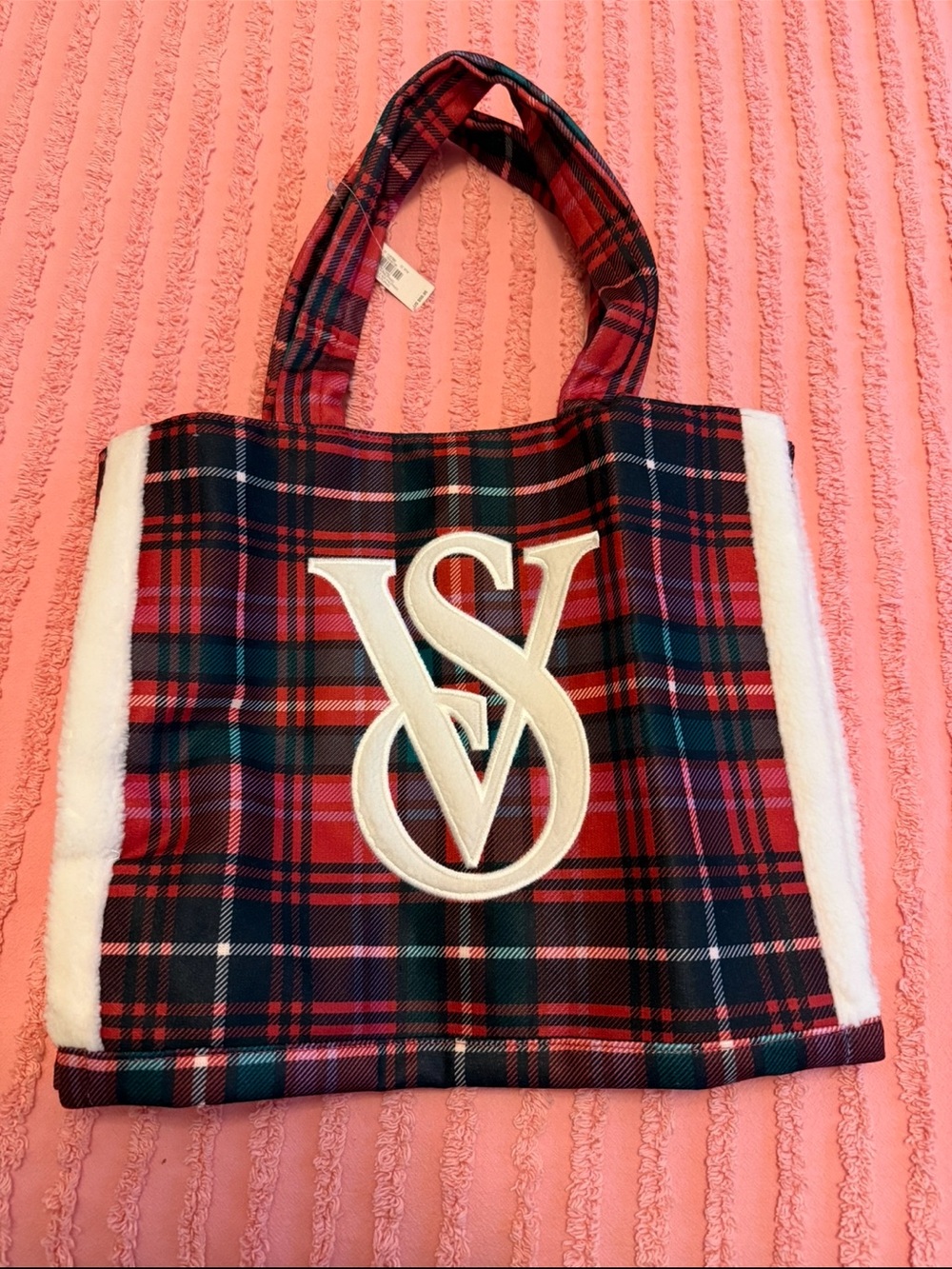 New Victoria Secret Plaid Tote Bag with White Monogram Accent - Red plaid
